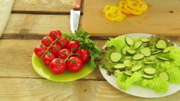 Close-up of female hands put pieces of pepper in a plate with salad — Stock Video