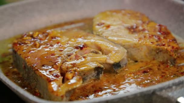 Filetes de pescado a la parrilla en adobo y aceite . — Vídeos de Stock