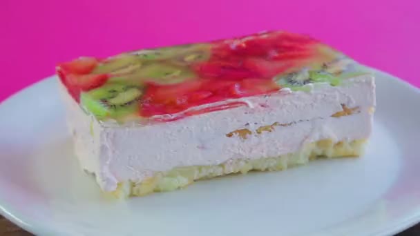 Torta Frutto Gelatina Piatto Bianco Ruota Giri Tempo Cerchio Primo — Video Stock