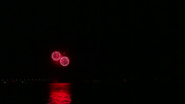 Nehrin üzerinde gece gökyüzünde pırıl pırıl şenlikli havai fişekler suya yansıyor. Zaman turları — Stok video