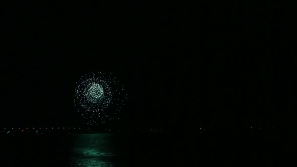 Un elegante fuegos artificiales navideños en el cielo nocturno sobre el río se refleja en el agua — Vídeos de Stock