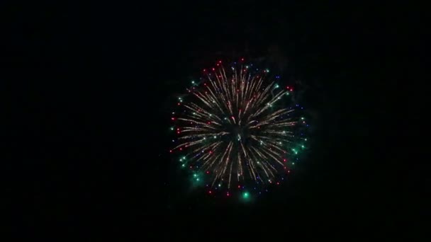 Bright balloons of festive fireworks in the night sky over the river. Time laps — Stock Video