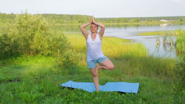 Une femme brune pratique le yoga dans une pose d'arbre sur la rive du lac le matin . — Video