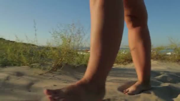 Pies femeninos va descalzo en la arena en la playa — Vídeo de stock
