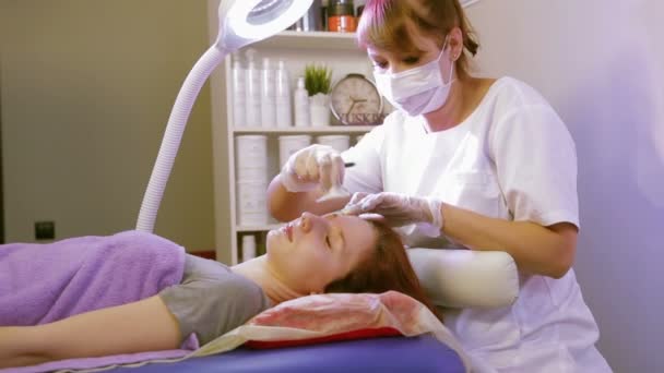The beautician combs and disinfects the clients eyebrows before correction — Stock Video