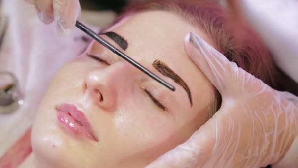 A kozmetikus egy speciális kefével festi az ügyfelet egy szemöldöke — Stock videók