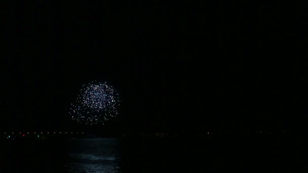 En brandspridning av festliga fyrverkerier på natthimlen ovanför älven reflekteras i vattnet. Tid varv — Stockvideo