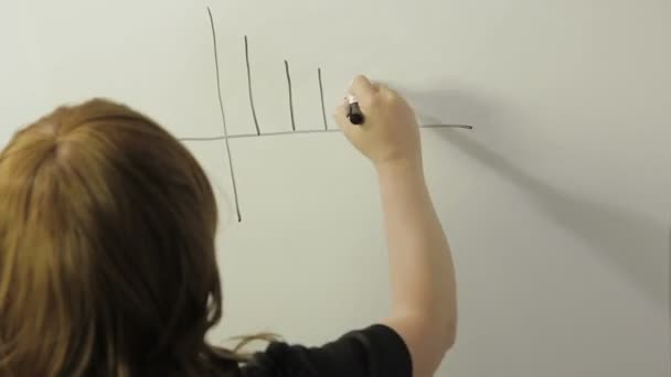 Een vrouw staat met haar rug en tekent een grafiek van shekel op een wit bord. Tijd ronden. — Stockvideo