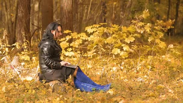 Eine brünette Frau in blauen Stiefeln sitzt in einem herbstlichen Park und arbeitet mit einem Laptop — Stockvideo