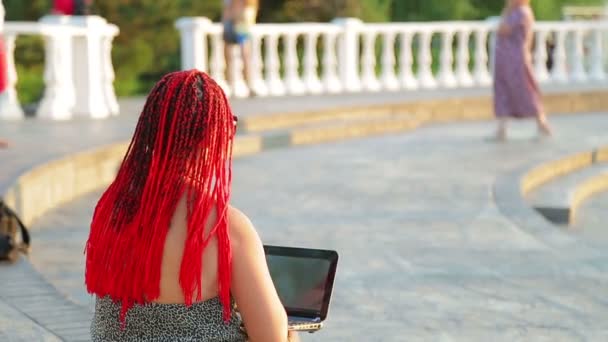 Fiatal cserzett nő szabadúszó dolgozik egy laptop a sétányon. — Stock videók