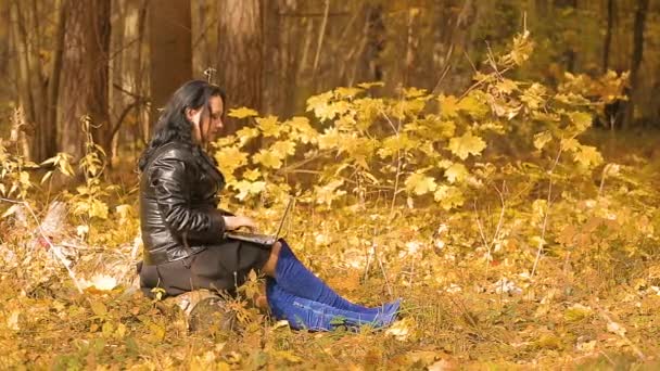 Uma mulher morena de botas azuis se senta em um parque de outono e trabalha remotamente com um laptop — Vídeo de Stock