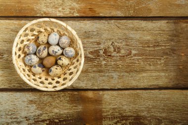 Tahta bir masada hasır sepetteki taze bıldırcın yumurtaları..