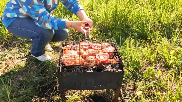 Donna sulla natura mette una griglia con carne e verdure su un barbecue — Video Stock