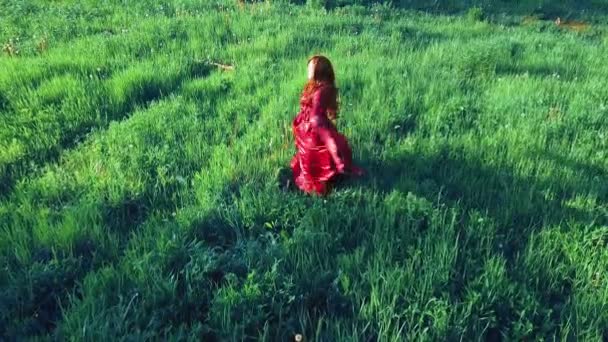 Un gitano pelirrojo con un vestido rojo está bailando sobre la hierba en un campo. Lento mo — Vídeo de stock