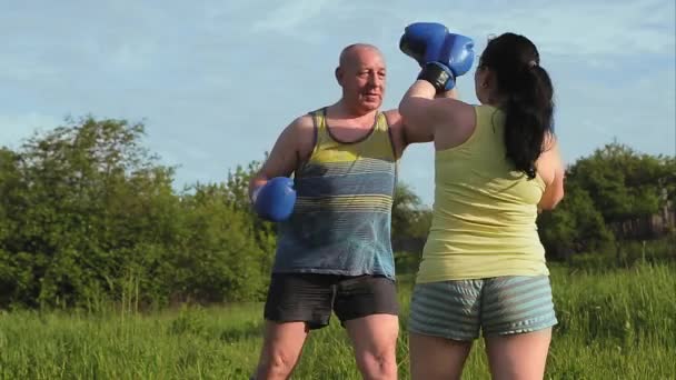 Un hombre y una mujer se dedican a artes marciales en la mañana de verano en el parque — Vídeos de Stock