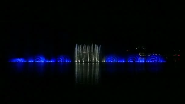 Різнокольорові фонтани посеред озера мерехтять вночі — стокове відео