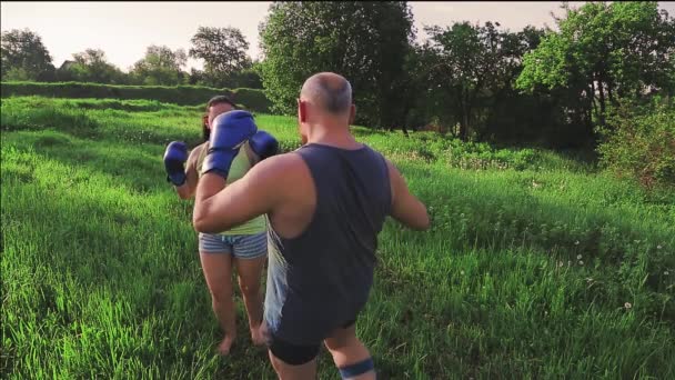 Muž a žena v létě ráno v parku trénují thajský box v rukavicích — Stock video