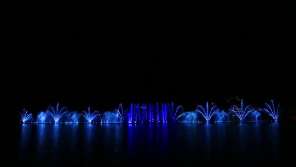 Scintillanti getti multicolori di fontane sullo sfondo del cielo notturno riflesso nell'acqua. — Video Stock