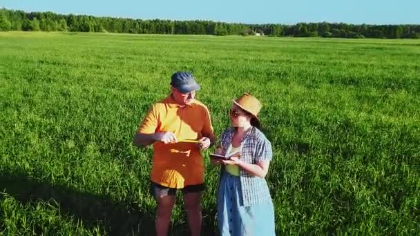 Агрономісти чоловік і жінка в полі перевіряють посіви врожаю і фіксують спостереження — стокове відео
