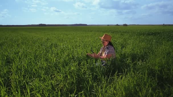Агрономісти жінка в полі контролює висоту посівів і записує спостереження . — стокове відео