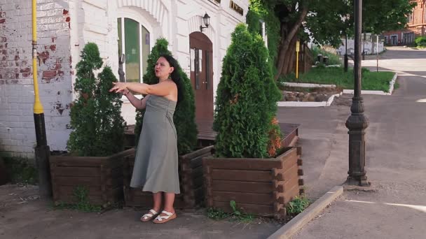 古い家についての旅行の話についての携帯電話を持つ女性ブロガー — ストック動画
