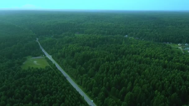 Вид сверху на извилистую дорогу, проходящую вдоль леса и маленьких городков — стоковое видео