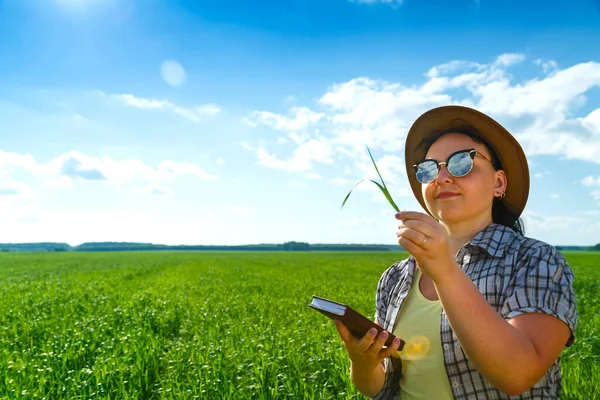 En kvinnlig agronomen i solglasögon och en hatt kontrollerar kvaliteten på grödorna. — Stockfoto