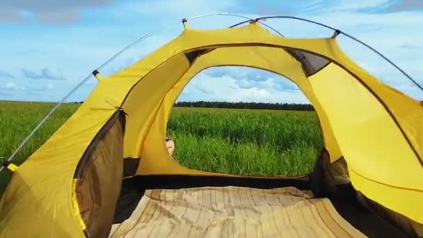 Une femme près d'une tente dans un thé vert à boire — Video