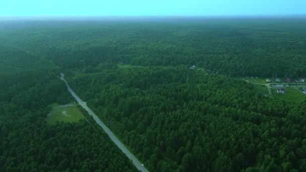 Vista superior de uma estrada sinuosa que corre ao longo da floresta e pequenas cidades — Vídeo de Stock