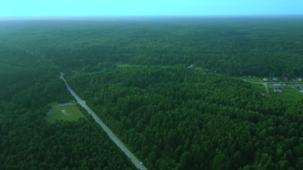 Ovanifrån av en slingrande väg som går längs skogen och små städer — Stockvideo