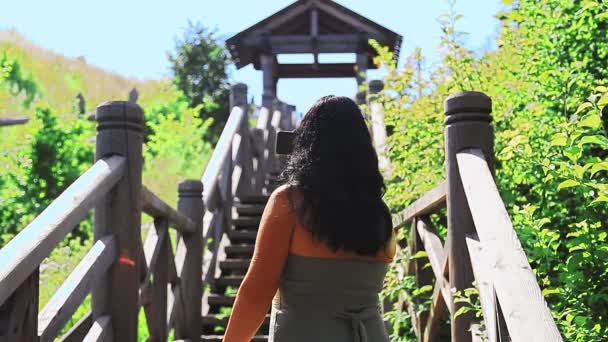 Une blogueuse de voyage raconte un blog depuis un escalier menant au sommet de la montagne. — Video