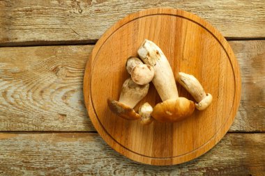 Yuvarlak tahta üzerinde taze toplanmış porcini mantarları..