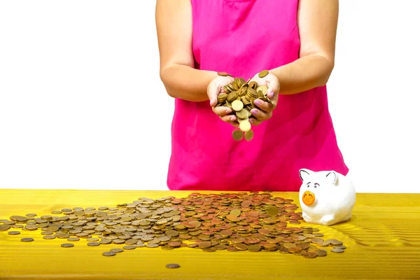 Coins Woman Hands Table Pig Piggy Bank Scattered Coins — Stock Photo, Image