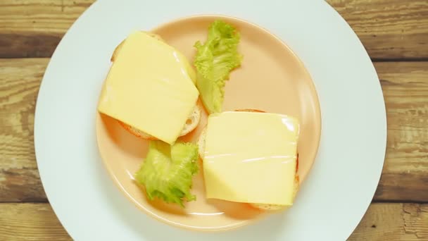 Sandwichs au fromage sur une planche de bois tourner en cercle. — Video