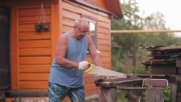 Un om din curte ține un ferăstrău de mână și îl folosește pentru a tăia plăci — Videoclip de stoc
