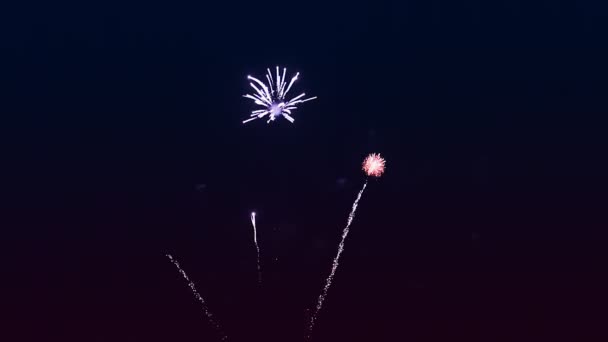Clarões azuis de fogos de artifício ardentes contra o céu negro da noite — Vídeo de Stock