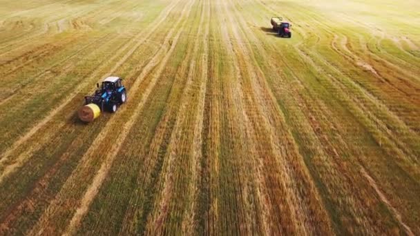 Збиральне обладнання в полі видаляє пресовані стопки сіна — стокове відео