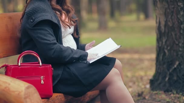 Una mujer con cabello castaño en un banco del parque en otoño sin rostro lee un libro — Vídeos de Stock