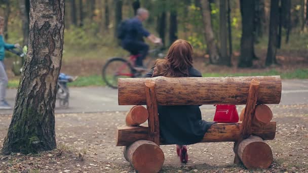 Mujer con el pelo castaño en un banco del parque en otoño tiro por la espalda. — Vídeos de Stock