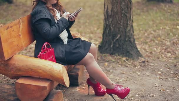 Eine Frau mit braunen Haaren ohne Gesicht in roten Stiefeln und roter Tasche auf einer Parkbank im Herbst telefoniert. — Stockvideo