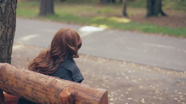 Mulher com cabelo castanho em um banco de parque no outono — Vídeo de Stock