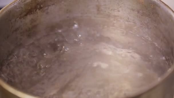 Water koken in een steelpan bubbels borrelen. — Stockvideo