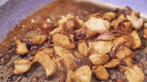 Filet z kurczaka smażony w sosie sojowym z cebulą — Wideo stockowe