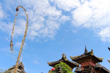 Penglipuran köyü bir ikonik geleneksel mahalle Hindistan cevizi tam (janur) bırakır. Bali, Temmuz 2018 alınan.