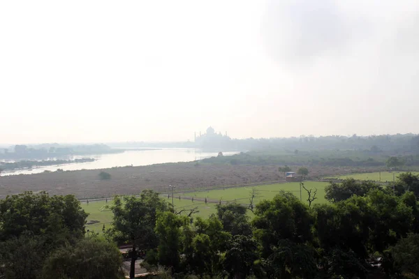 Vue Taj Mahal Par Rivière Vue Depuis Fort Agra Prise — Photo