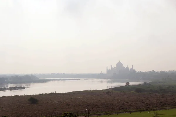 Vue Taj Mahal Par Rivière Vue Depuis Fort Agra Prise — Photo