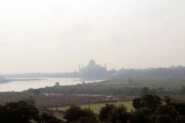 Vue Taj Mahal Par Rivière Vue Depuis Fort Agra Prise — Photo