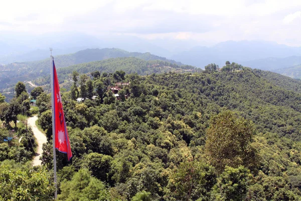 Nepal Flag Overlooking Kathmandu Valley Viewed Dhulikhel Taken Nepal August — Stock Photo, Image