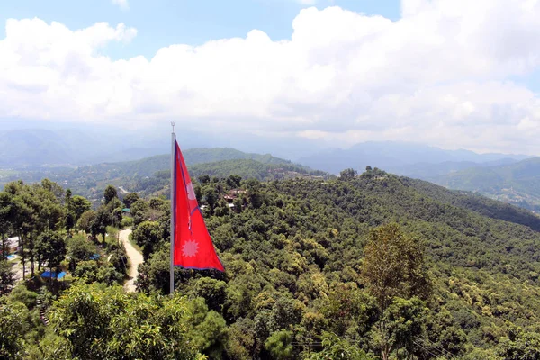 Nepal Flag Overlooking Kathmandu Valley Viewed Dhulikhel Taken Nepal August — Stock Photo, Image