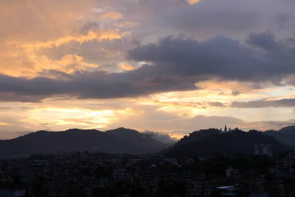 Romantische Zonsondergang Van Swayambhunath Stoepa Uit Het Dak Kathmandu Genomen — Stockfoto